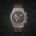 Vibepage Crimson Skeleton – Brushed Titanium & Chestnut Brown Leather Watch for Men