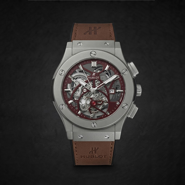 Vibepage Crimson Skeleton – Brushed Titanium & Chestnut Brown Leather Watch for Men