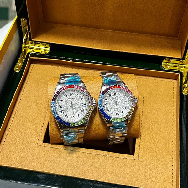 Vibepage Diamond Pavé Rainbow Gemstone Couple Set Luxury Edition – His & Hers Iced-Out Rainbow Watches