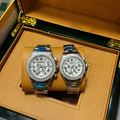 Vibepage Diamond Pavé Full Silver Couple Set Luxury Edition – His & Hers Iced-Out Silver Watches