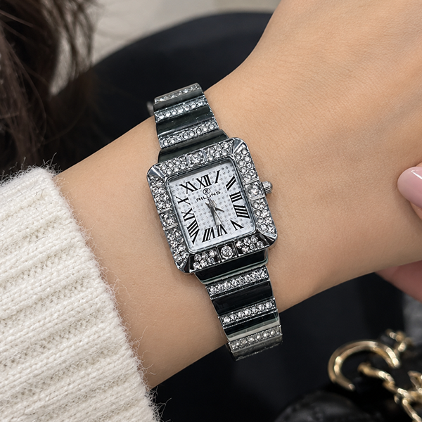 Vibepage Diamond Pavé Square Roman Numeral Full Silver Women's Luxury Edition – Iced-Out Square Watch