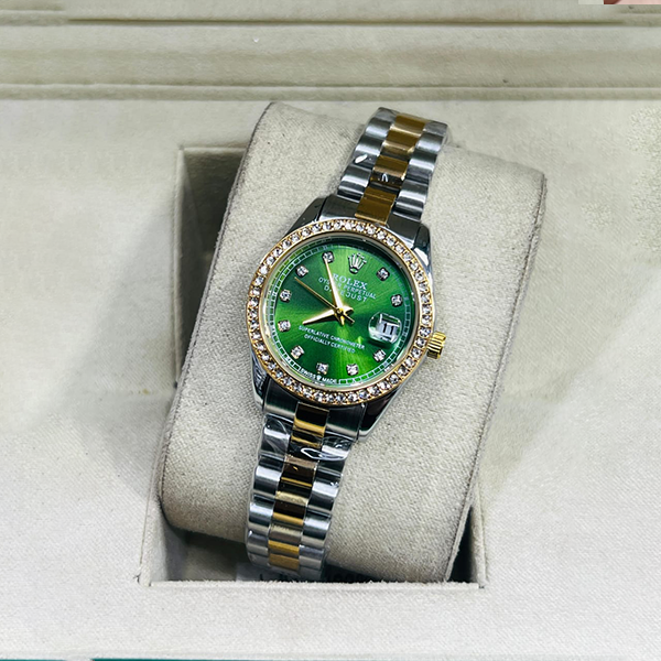 Vibepage Crystal Bezel Emerald Green Dial Two-Tone Women's Luxury Edition – Elegant Ladies Watch