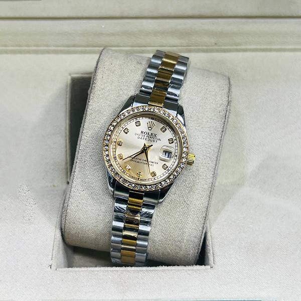 Vibepage Crystal Bezel Emerald Green Dial Two-Tone Women's Luxury Edition – Elegant Ladies Watch