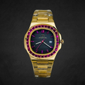Vibepage Ruby Royale Gold – Luxury All-Gold Steel Watch with Ruby Gemstone Bezel & Ribbed Black Dial
