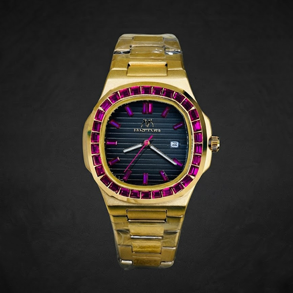 Vibepage Ruby Royale Gold – Luxury All-Gold Steel Watch with Ruby Gemstone Bezel & Ribbed Black Dial