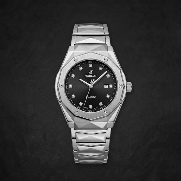 Vibepage Shadow Geometric – Sculpted Silver Steel & Sunburst Charcoal Grey Dial Watch for Men