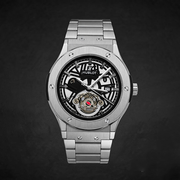Vibepage Apex Steel Tourbillon – Modern Silver Steel Watch with Open-Heart Skeleton Dial