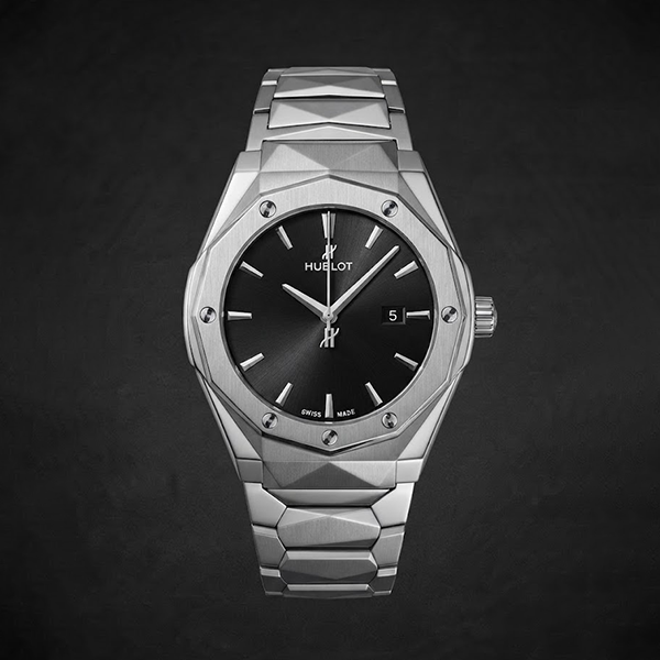 Vibepage Shadow Geometric – Sculpted Silver Steel & Sunburst Charcoal Grey Dial Watch for Men