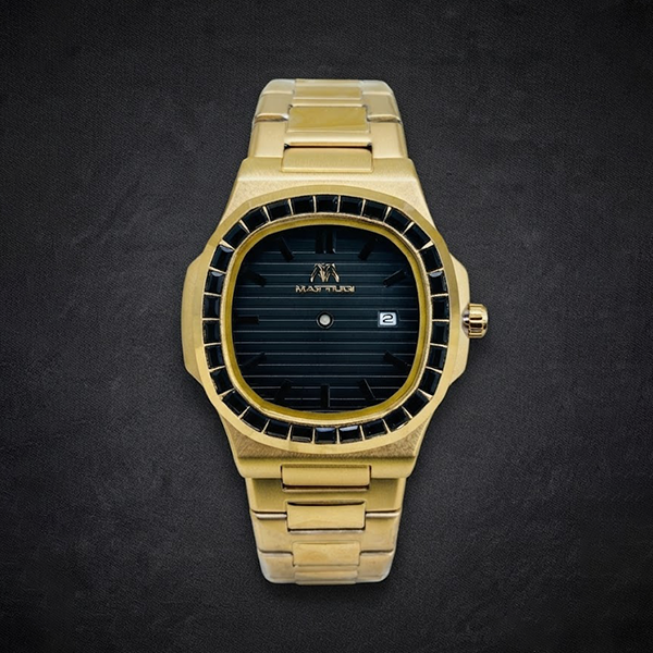 Vibepage Ruby Royale Gold – Luxury All-Gold Steel Watch with Ruby Gemstone Bezel & Ribbed Black Dial