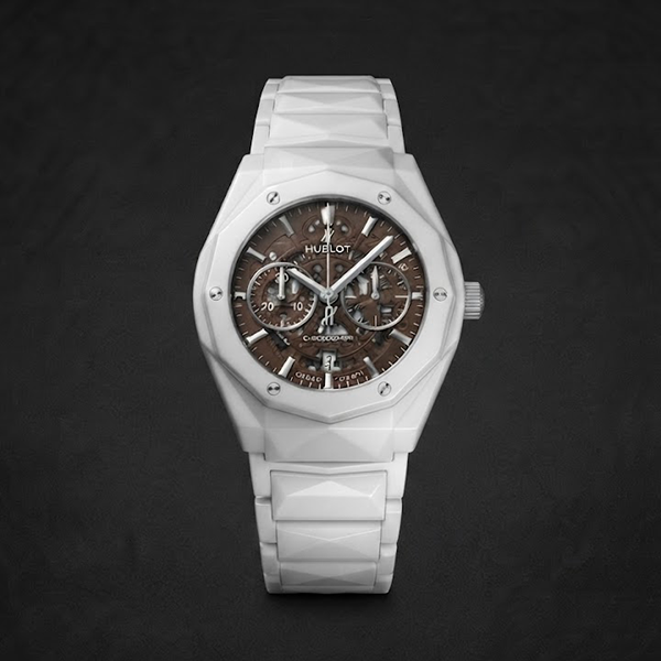 Vibepage Arctic Bronze Chronograph – Sculpted Pure White & Brown Skeleton Watch for Men