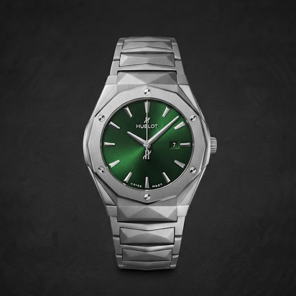 Vibepage Emerald Geometric – Sculpted Silver Steel & Emerald Green Dial Watch for Men