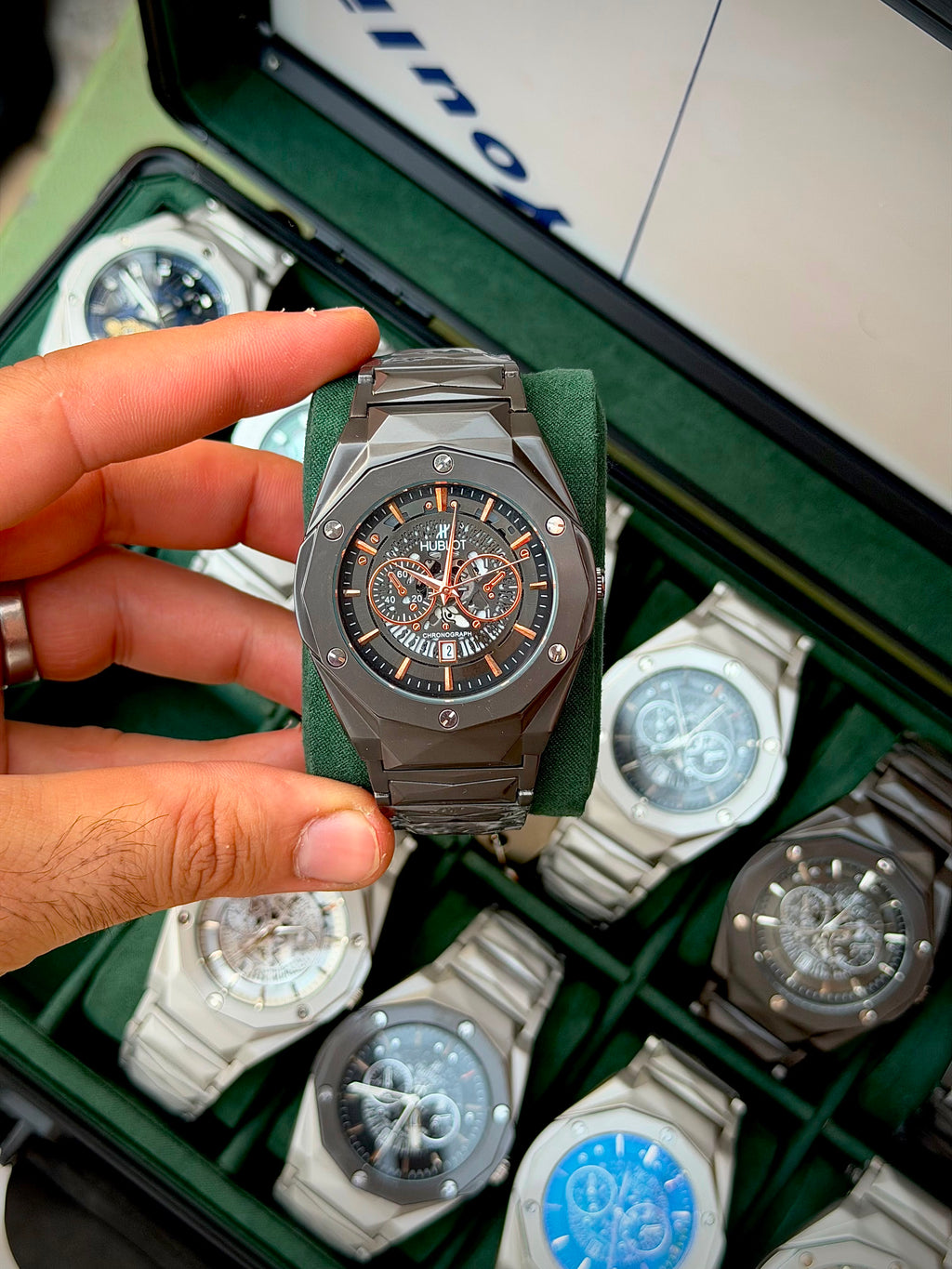Vibepage Arctic Bronze Chronograph – Sculpted Pure White & Brown Skeleton Watch for Men